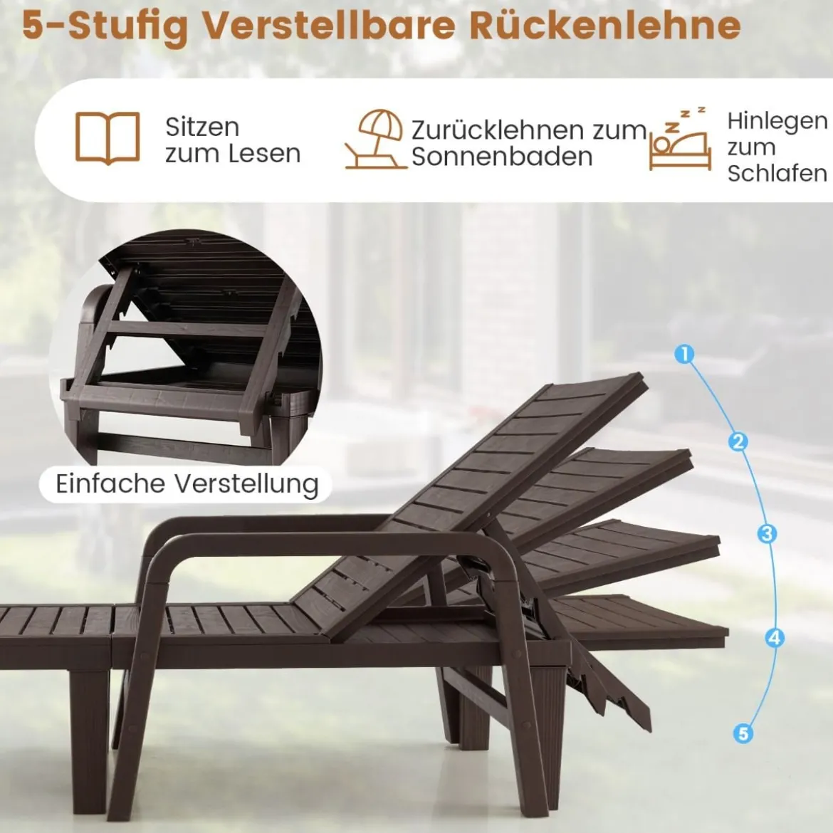 Terrassenliege aus PP Outdoor-Gartenliege mit 5-Fach Verstellbarer Rückenlehne Kaffee