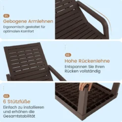 Terrassenliege aus PP Outdoor-Gartenliege mit 5-Fach Verstellbarer Rückenlehne Kaffee