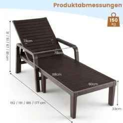 Terrassenliege aus PP Outdoor-Gartenliege mit 5-Fach Verstellbarer Rückenlehne Kaffee