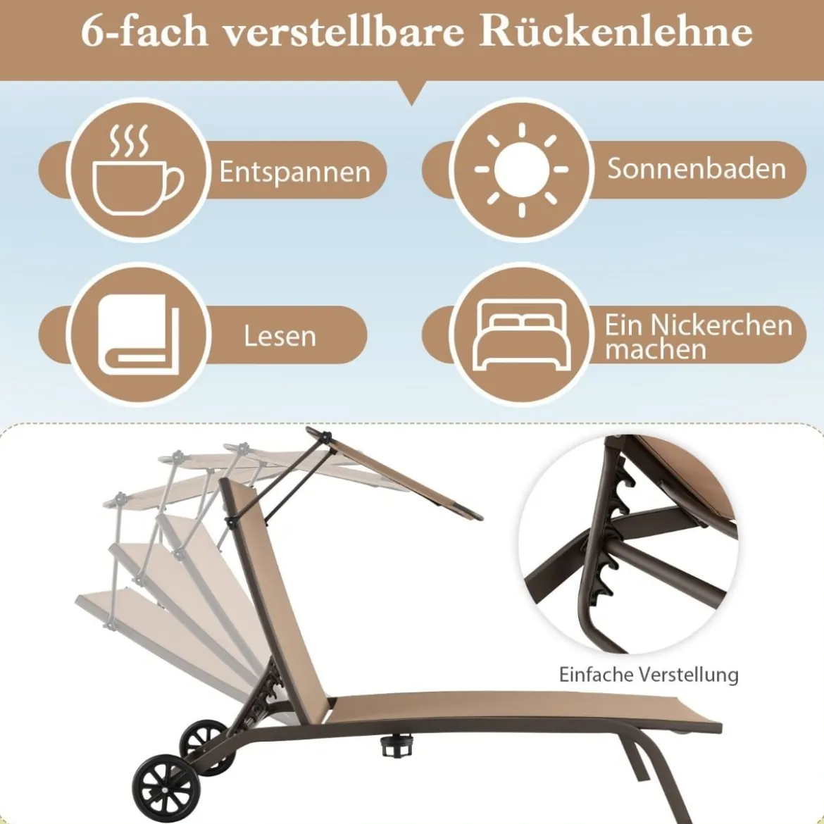 Terrassenliege Outdoor-Liegestuhl mit Rädern Strandliege aus Metall Braun