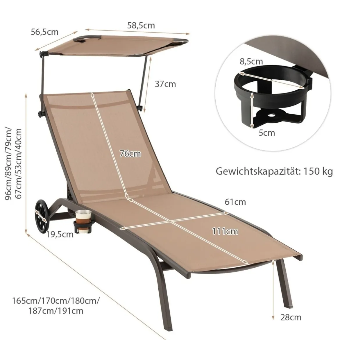 Terrassenliege Outdoor-Liegestuhl mit Rädern Strandliege aus Metall Braun