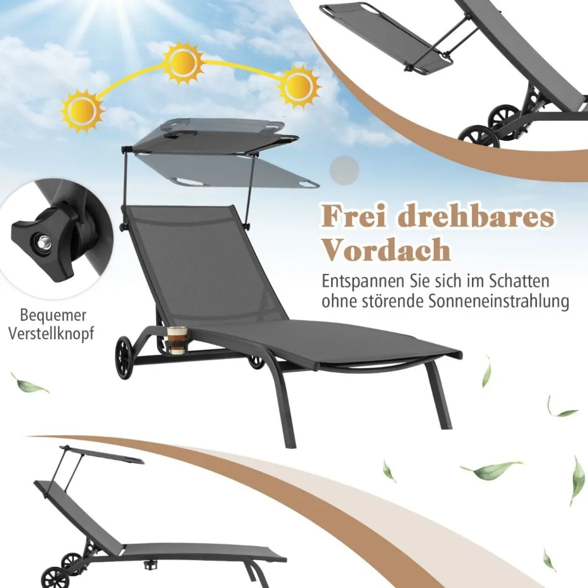 Terrassenliege Outdoor-Liegestuhl mit Rädern Strandliege aus Metall Grau