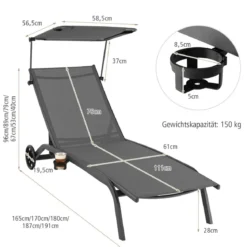 Terrassenliege Outdoor-Liegestuhl mit Rädern Strandliege aus Metall Grau