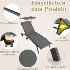 Terrassenliege Outdoor-Liegestuhl mit Rädern Strandliege aus Metall Grau