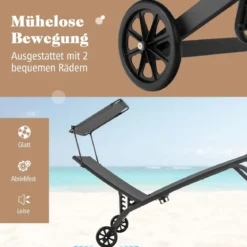 Terrassenliege Outdoor-Liegestuhl mit Rädern Strandliege aus Metall Grau