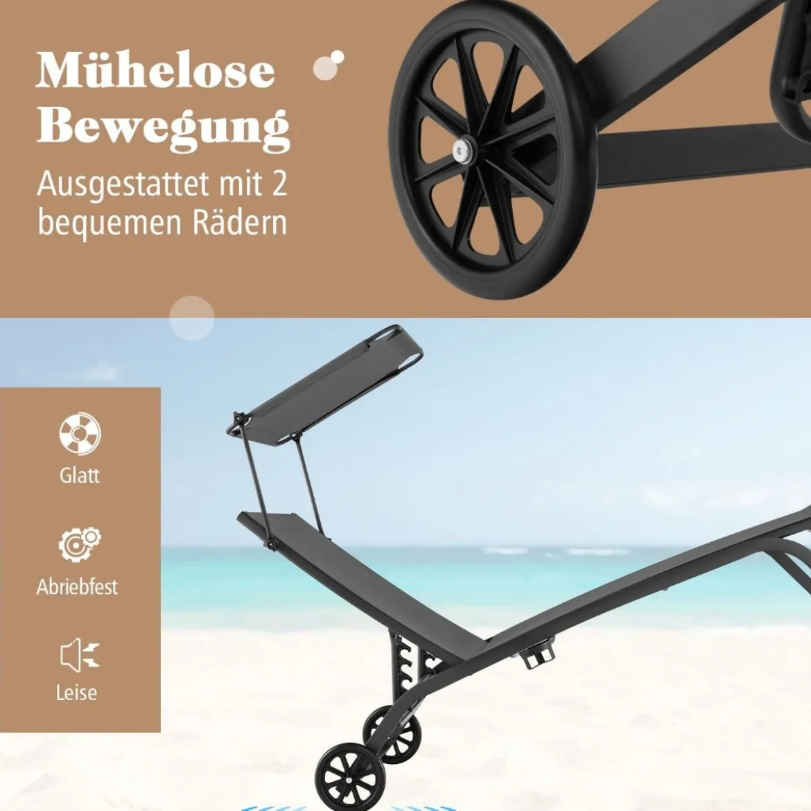 Terrassenliege Outdoor-Liegestuhl mit Rädern Strandliege aus Metall Grau