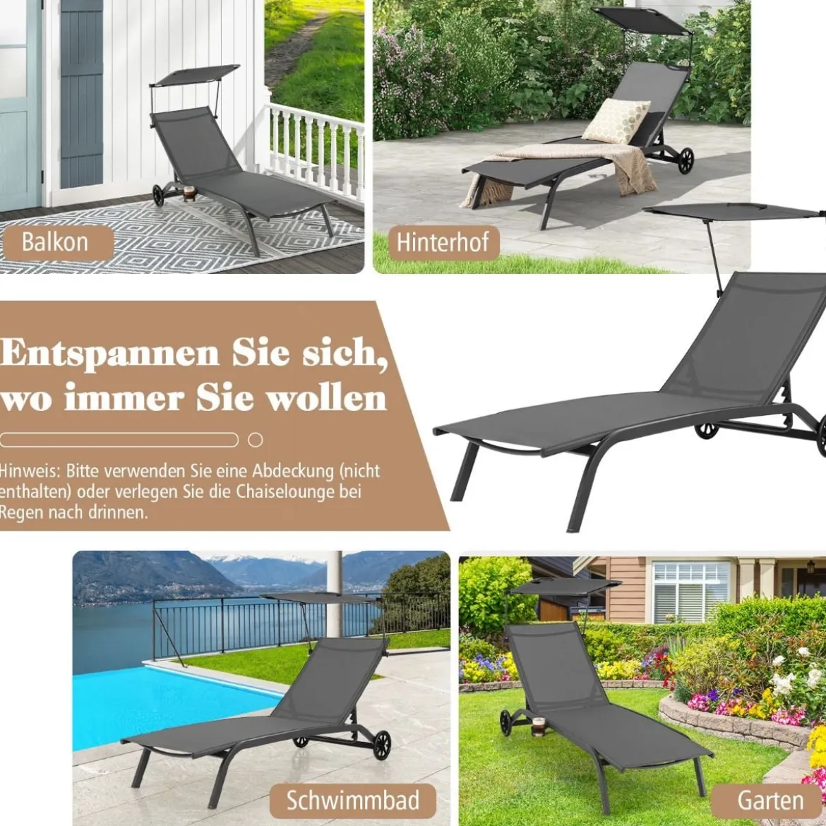 Terrassenliege Outdoor-Liegestuhl mit Rädern Strandliege aus Metall Grau