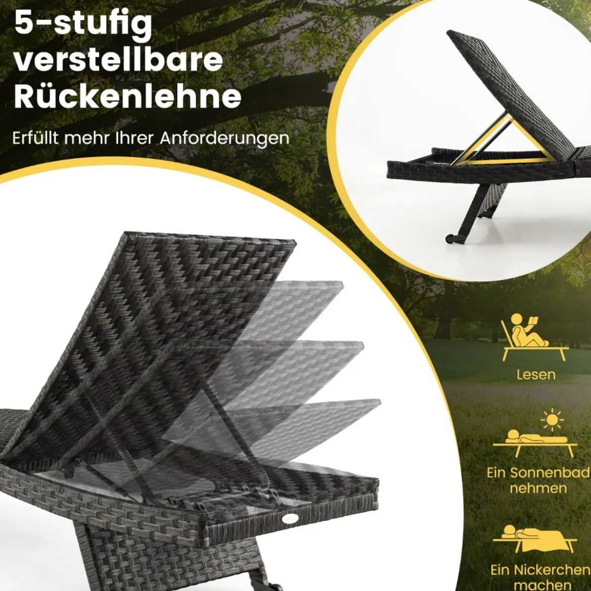 Terrassen-Liegestuhl Rattan-Liegestuhl mit 5-stufig verstellbarer Rückenlehne 195 x 61 x 38-97 cm Mix Braun