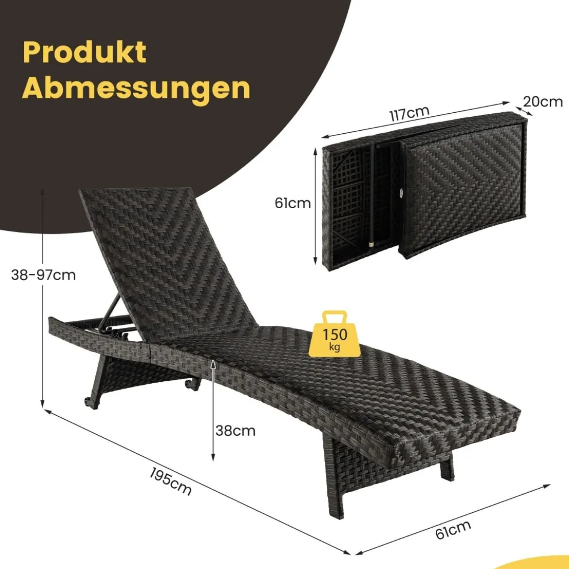 Terrassen-Liegestuhl Rattan-Liegestuhl mit 5-stufig verstellbarer Rückenlehne 195 x 61 x 38-97 cm Mix Braun