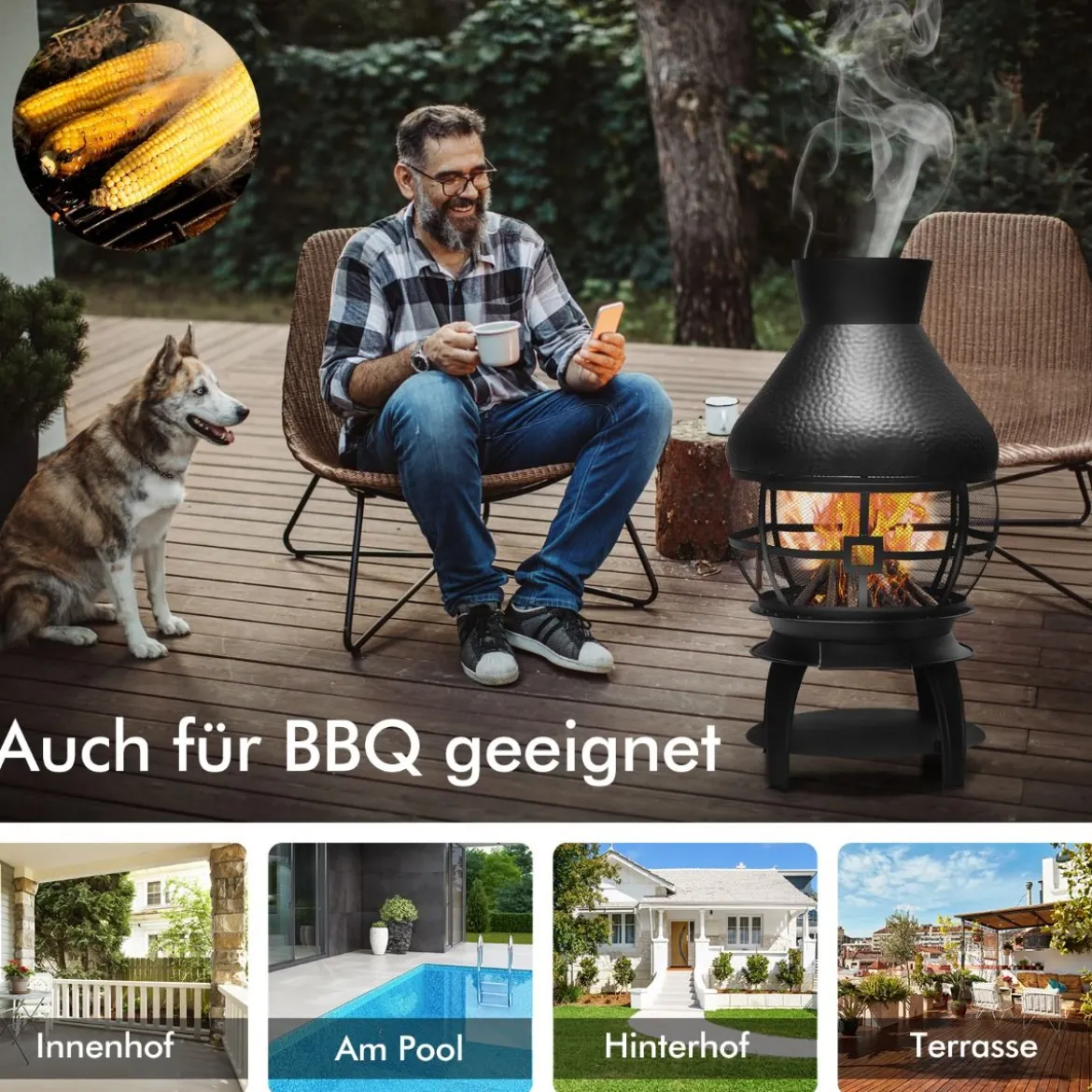 Terrassenofen aus Metall mit Funkenfluggitter & Schürhaken Terrassenkamin Feuerstelle