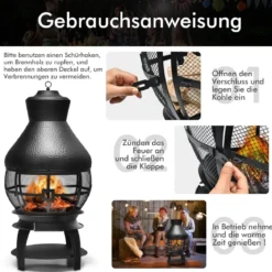 Terrassenofen aus Metall mit Funkenfluggitter & Schürhaken Terrassenkamin Feuerstelle