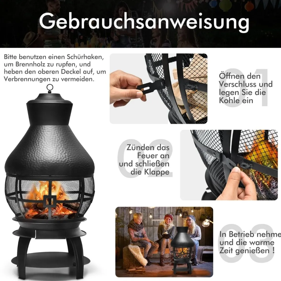 Terrassenofen aus Metall mit Funkenfluggitter & Schürhaken Terrassenkamin Feuerstelle