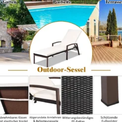 Terrassen-Rattanliege Outdoor-Liege mit Kissen und Armlehne mit verstellbarer Rückenlehne Weiß + Braun