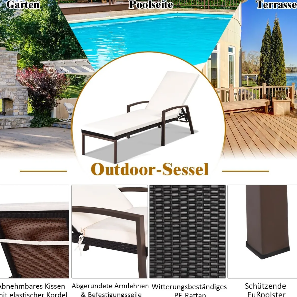 Terrassen-Rattanliege Outdoor-Liege mit Kissen und Armlehne mit verstellbarer Rückenlehne Weiß + Braun