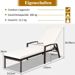 Terrassen-Rattanliege Sonnenliege Rattan Gartenliege 193 x 61 x 35 -96 cm Weiß + Braun