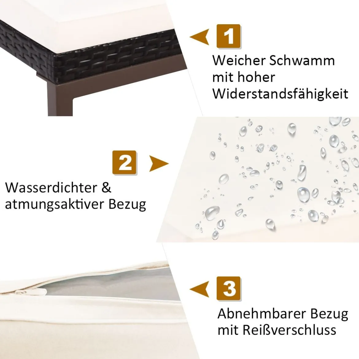Terrassen-Rattanliege Sonnenliege Rattan Gartenliege 193 x 61 x 35 -96 cm Weiß + Braun