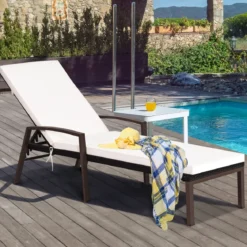 Terrassen-Rattanliege Sonnenliege Rattan Gartenliege 193 x 61 x 35 -96 cm Weiß + Braun