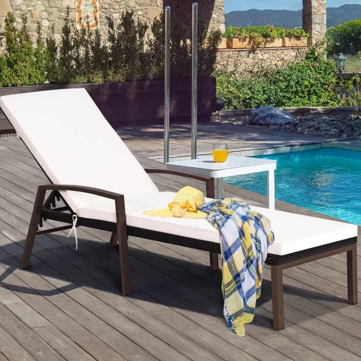 Terrassen-Rattanliege Sonnenliege Rattan Gartenliege 193 x 61 x 35 -96 cm Weiß + Braun