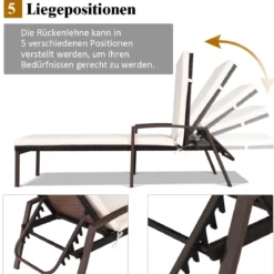 Terrassen-Rattanliege Sonnenliege Rattan Gartenliege 193 x 61 x 35 -96 cm Weiß + Braun