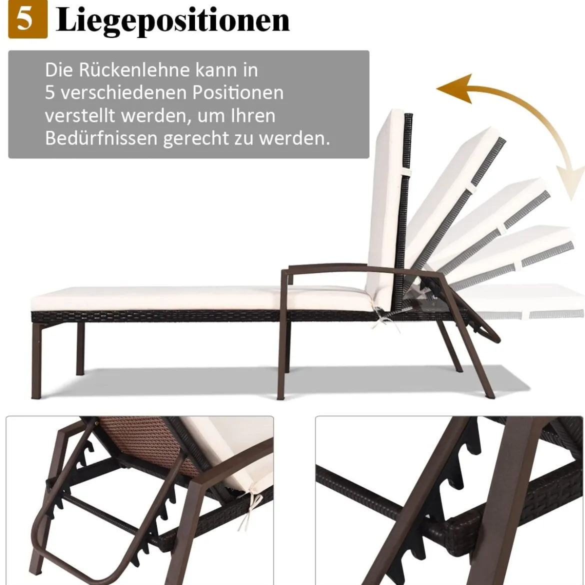 Terrassen-Rattanliege Sonnenliege Rattan Gartenliege 193 x 61 x 35 -96 cm Weiß + Braun