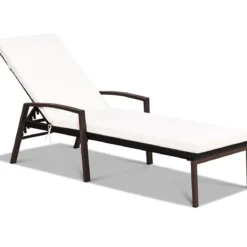 Terrassen-Rattanliege Sonnenliege Rattan Gartenliege 193 x 61 x 35 -96 cm Weiß + Braun