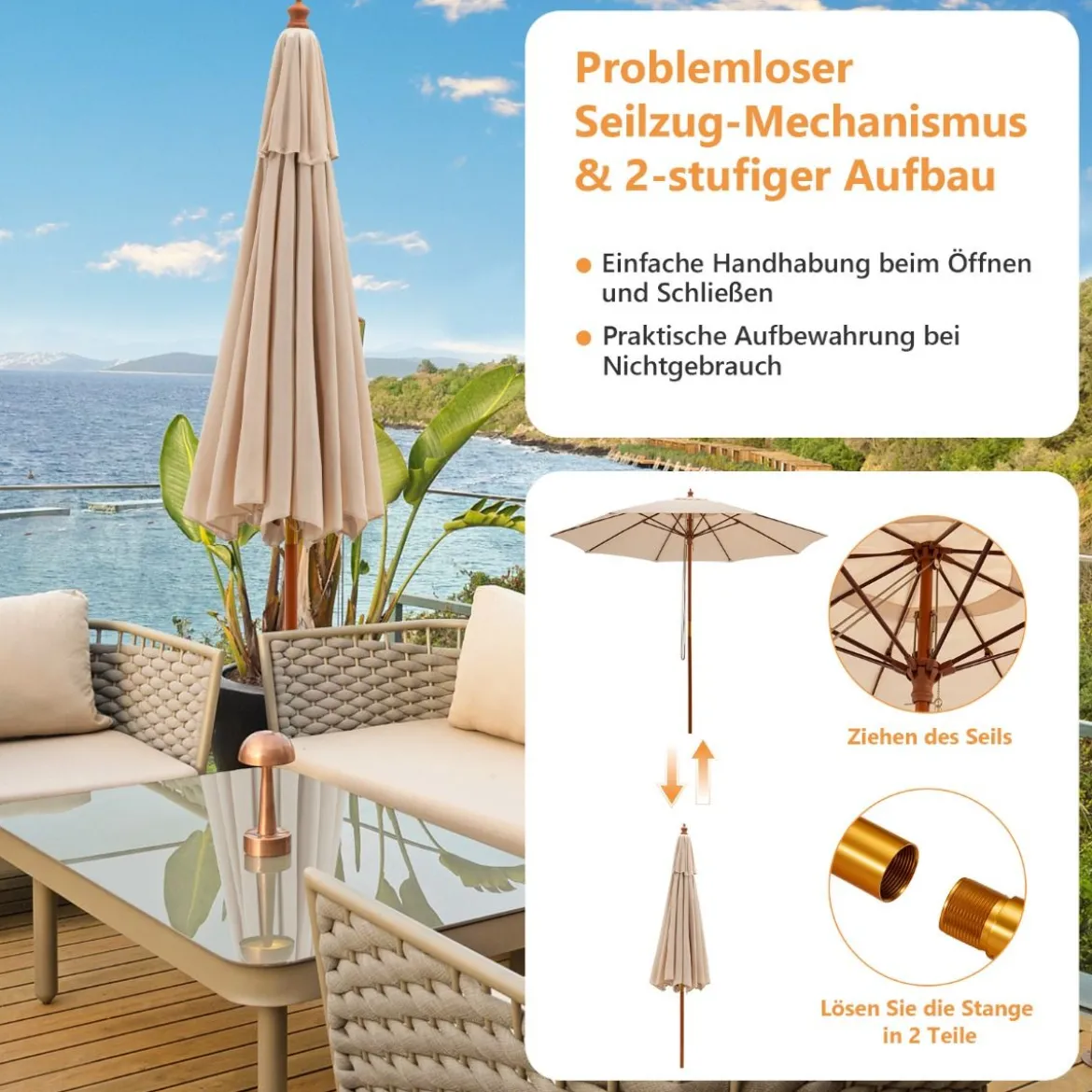 Terrassenschirm Marktschirm aus Holz mit Seilzugmechanismus 283 x 252,5 cm Beige