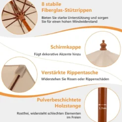 Terrassenschirm Marktschirm aus Holz mit Seilzugmechanismus 283 x 252,5 cm Beige