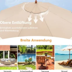 Terrassenschirm Marktschirm aus Holz mit Seilzugmechanismus 283 x 252,5 cm Beige