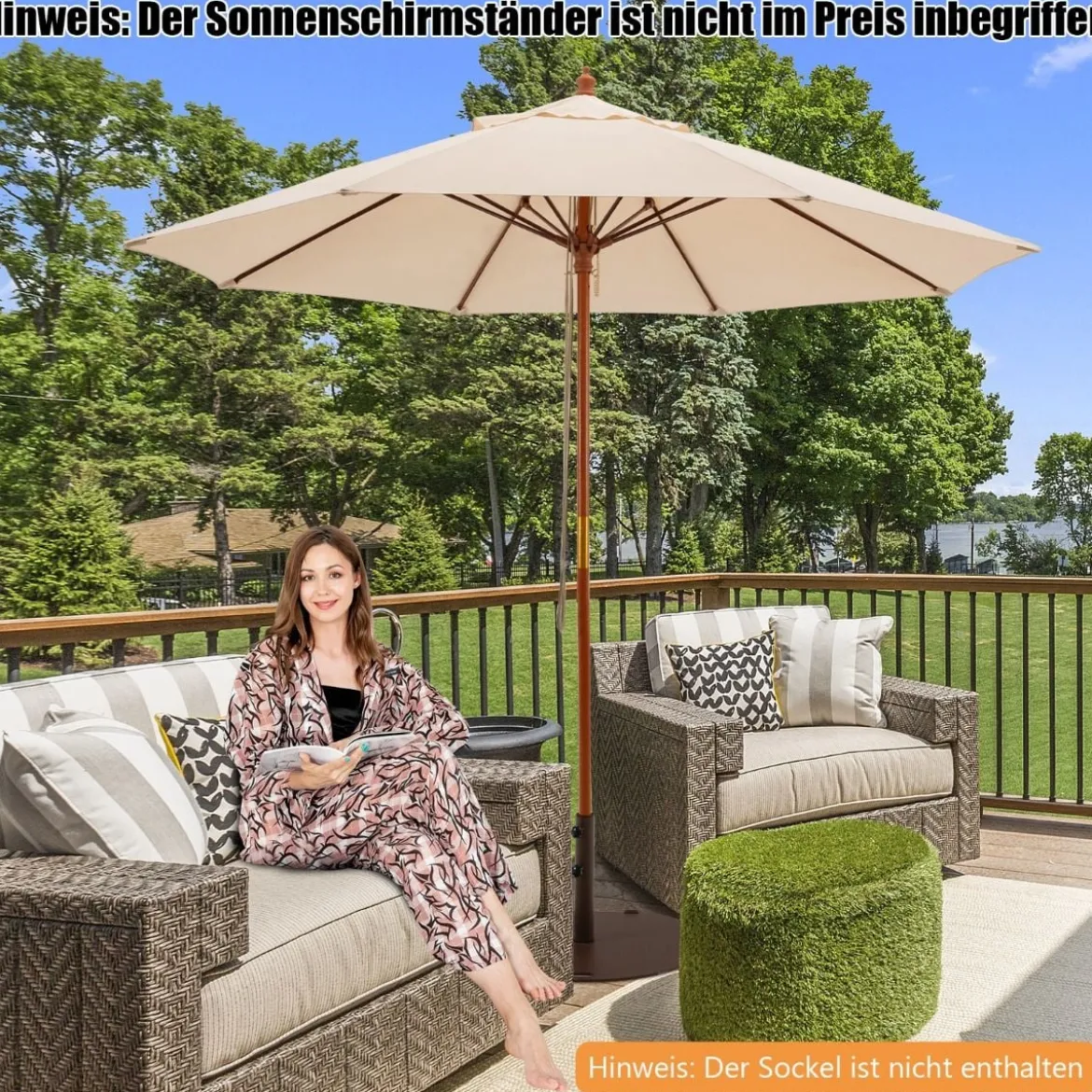 Terrassenschirm Marktschirm aus Holz mit Seilzugmechanismus 283 x 252,5 cm Beige