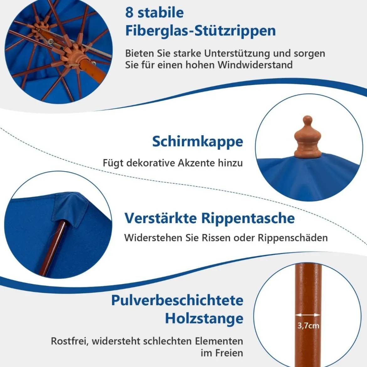 Terrassenschirm Marktschirm aus Holz mit Seilzugmechanismus 283 x 252,5 cm Blau