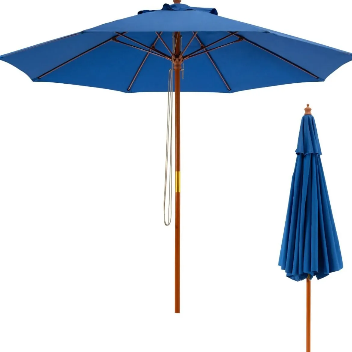 Terrassenschirm Marktschirm aus Holz mit Seilzugmechanismus 283 x 252,5 cm Blau