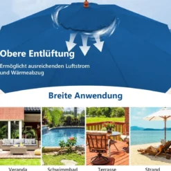 Terrassenschirm Marktschirm aus Holz mit Seilzugmechanismus 283 x 252,5 cm Blau
