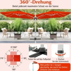 Terrassenschirm mit Kreuzfuß & 360° Drehung für Garten und Poolbereiche 300 x 300 x 261 cm Burgund