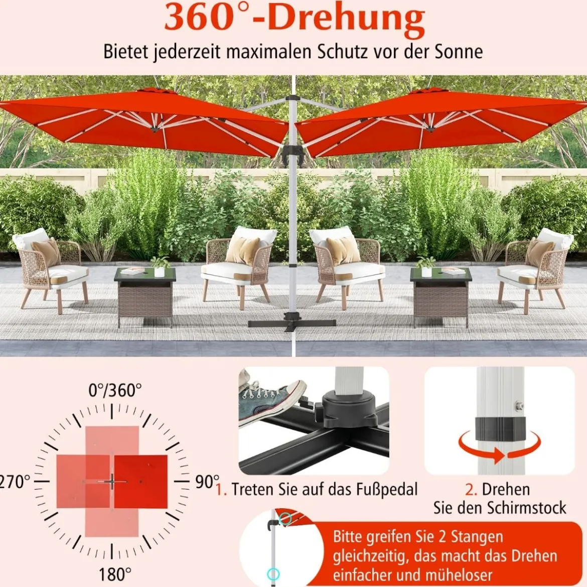 Terrassenschirm mit Kreuzfuß & 360° Drehung für Garten und Poolbereiche 300 x 300 x 261 cm Burgund