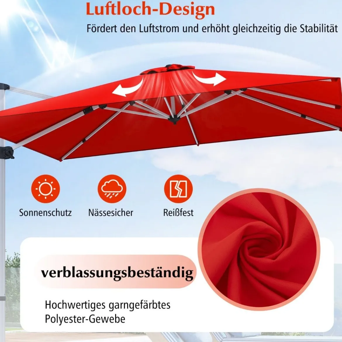 Terrassenschirm mit Kreuzfuß & 360° Drehung für Garten und Poolbereiche 300 x 300 x 261 cm Burgund