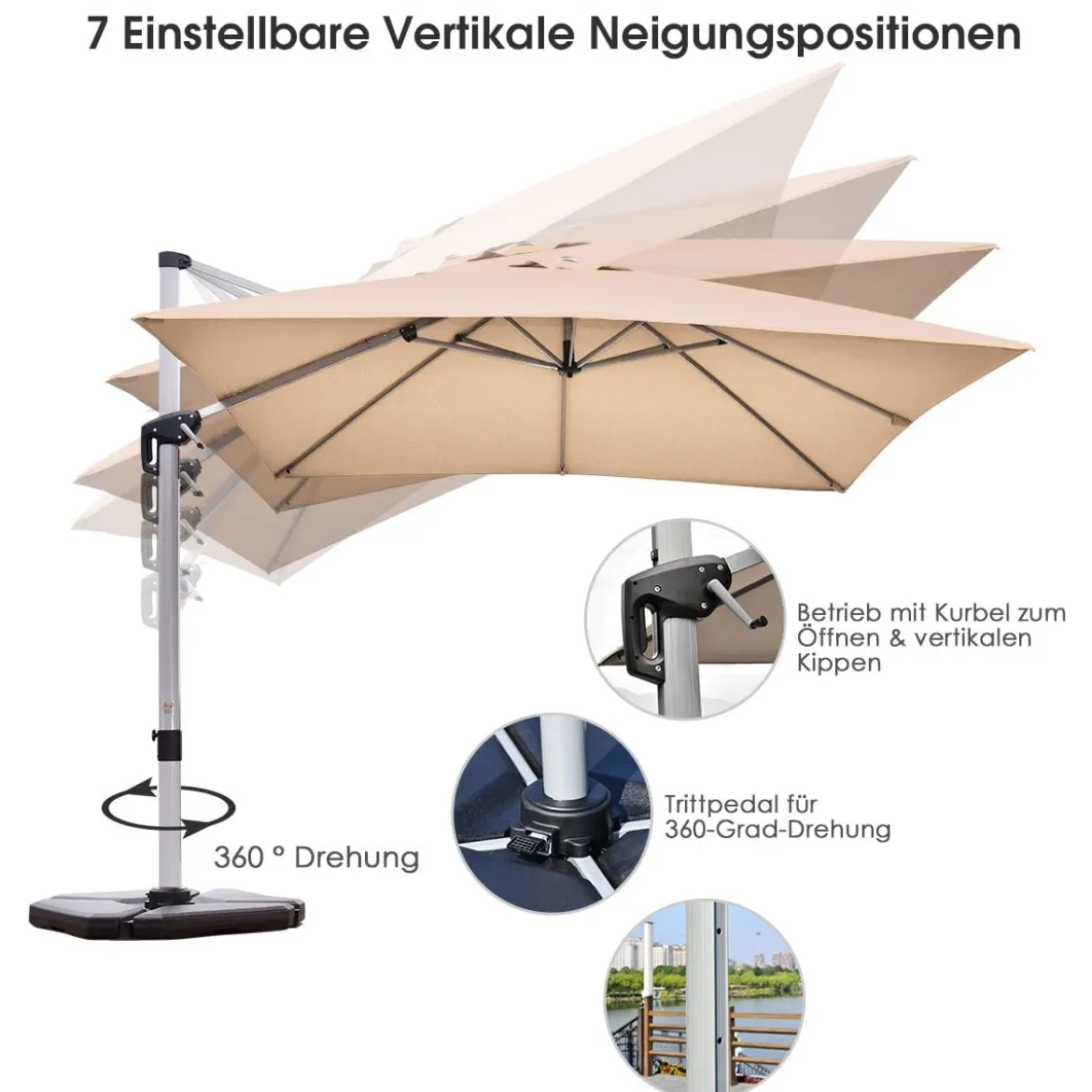 Terrassenschirm mit Kreuzfuß & Aluminiummast & 360° Drehung 295 x 295 x 272 cm Beige