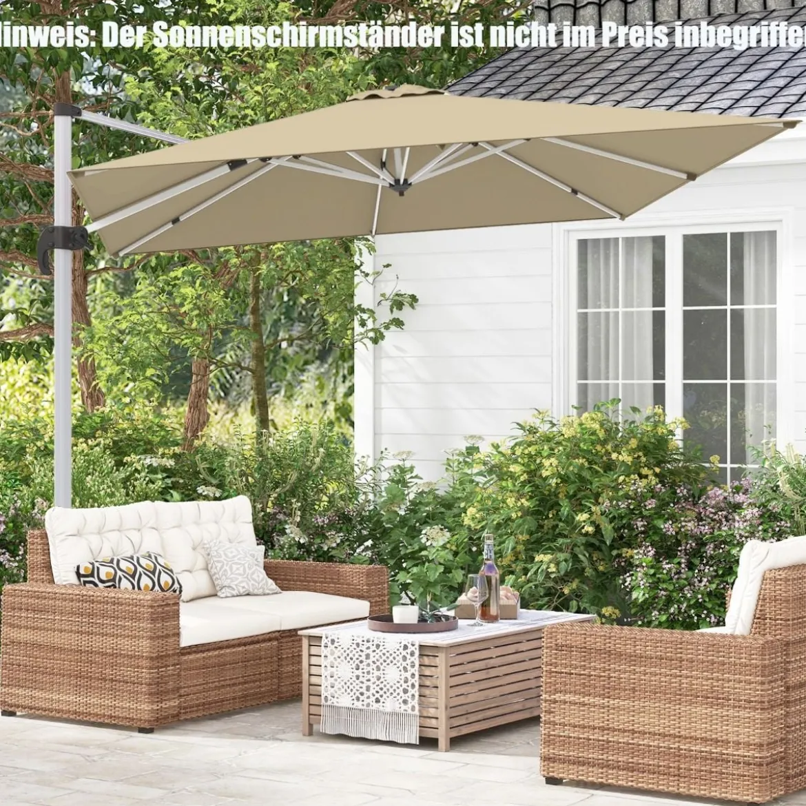 Terrassenschirm mit Kreuzfuß & Aluminiummast & 360° Drehung 295 x 295 x 272 cm Beige