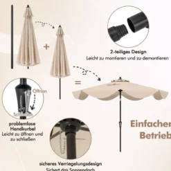 Terrassenschirm mit Kurbel Neigung per Druckknopf & Gerüschten Kanten Tischschirm Marineblau/Beige