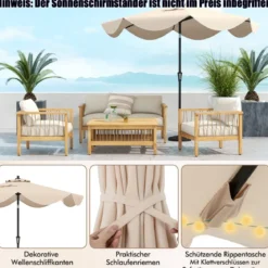 Terrassenschirm mit Kurbel Neigung per Druckknopf & Gerüschten Kanten Tischschirm Marineblau/Beige