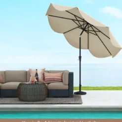 Terrassenschirm mit Kurbel Neigung per Druckknopf & Gerüschten Kanten Tischschirm Marineblau/Beige