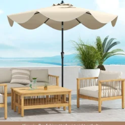 Terrassenschirm mit Kurbel Neigung per Druckknopf & Gerüschten Kanten Tischschirm Marineblau/Beige