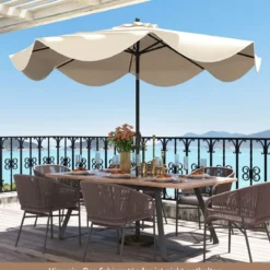 Terrassenschirm mit Kurbel Neigung per Druckknopf & Gerüschten Kanten Tischschirm Marineblau/Beige