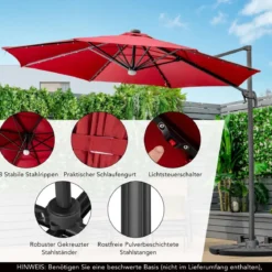 Terrassenschirm mit 28 LED-Lichtern & Nabenleuchte für Cafés Pools Gärten Ø300 x 253 cm Weinrot