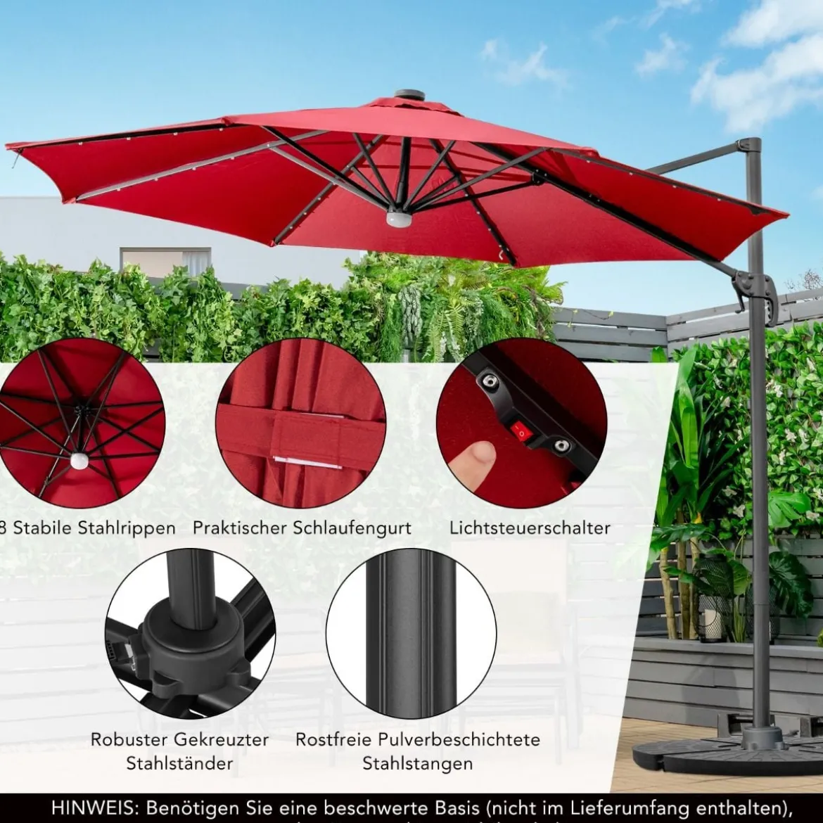 Terrassenschirm mit 28 LED-Lichtern & Nabenleuchte für Cafés Pools Gärten Ø300 x 253 cm Weinrot