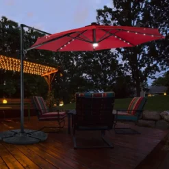 Terrassenschirm mit 28 LED-Lichtern & Nabenleuchte für Cafés Pools Gärten Ø300 x 253 cm Weinrot