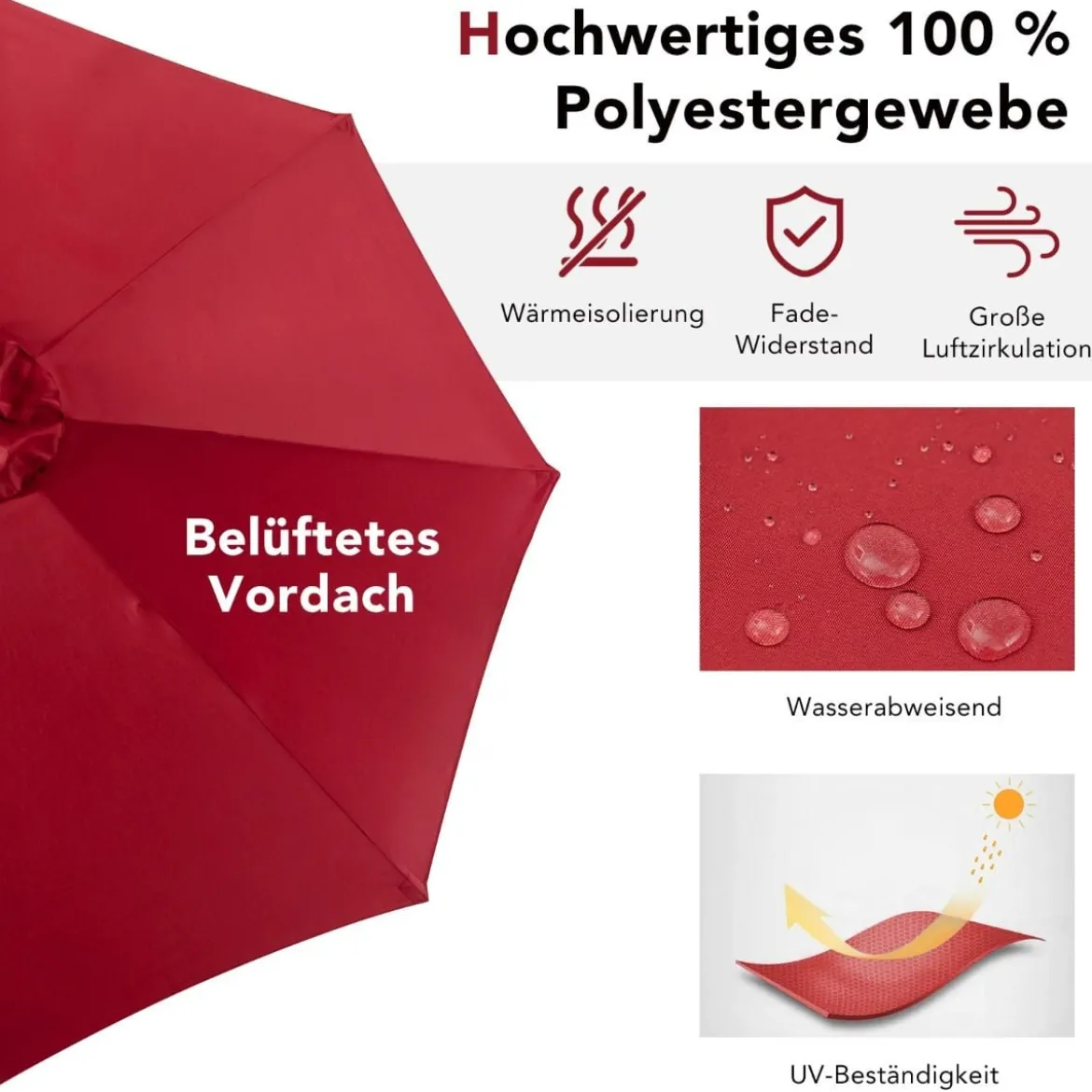 Terrassenschirm mit 28 LED-Lichtern & Nabenleuchte für Cafés Pools Gärten Ø300 x 253 cm Weinrot