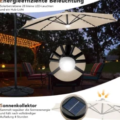 Ø300 Terrassenschirm mit 28 LED-Lichtern & 3 Neigungseinstellungen für Cafés Pools Gärten Beige