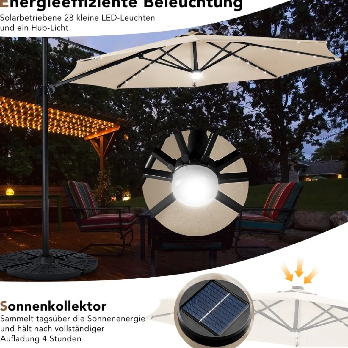 Ø300 Terrassenschirm mit 28 LED-Lichtern & 3 Neigungseinstellungen für Cafés Pools Gärten Beige