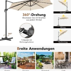 Ø300 Terrassenschirm mit 28 LED-Lichtern & 3 Neigungseinstellungen für Cafés Pools Gärten Beige