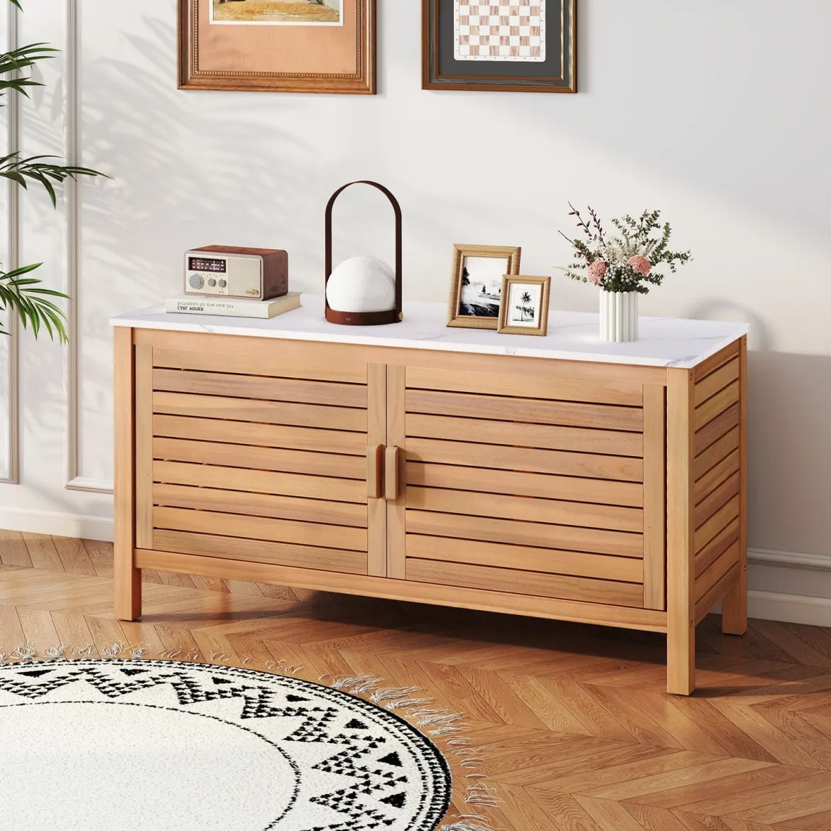 Terrassenschrank aus Holz 2-türiger Aufbewahrungsschrank mit Kunstmarmorplatte Regal Natur